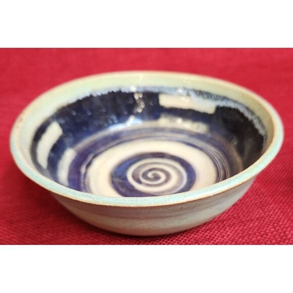 Handmade Ceramic Glazed Bowl By Frances H With Blue Swirl Design 6" - Picture 5 of 5